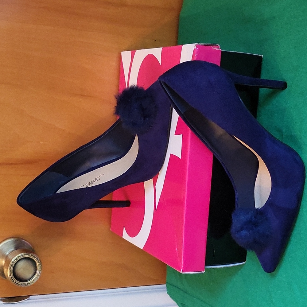 Womens Navy Blue Heels With Fur Pom Pom